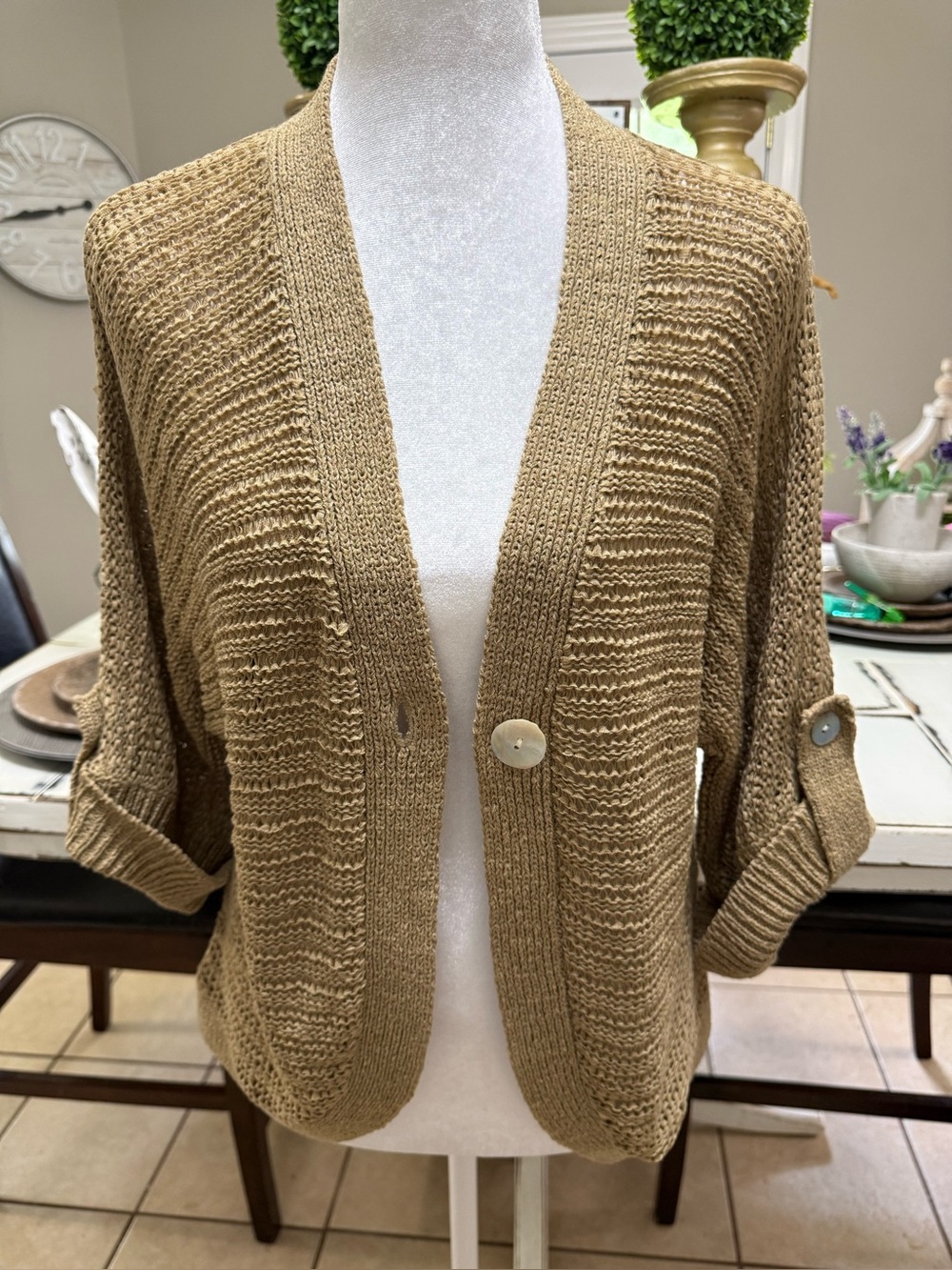 Ruby Rd. Tan‎ Open-Knit Single-Button Cardigan - Picture 2 of 6